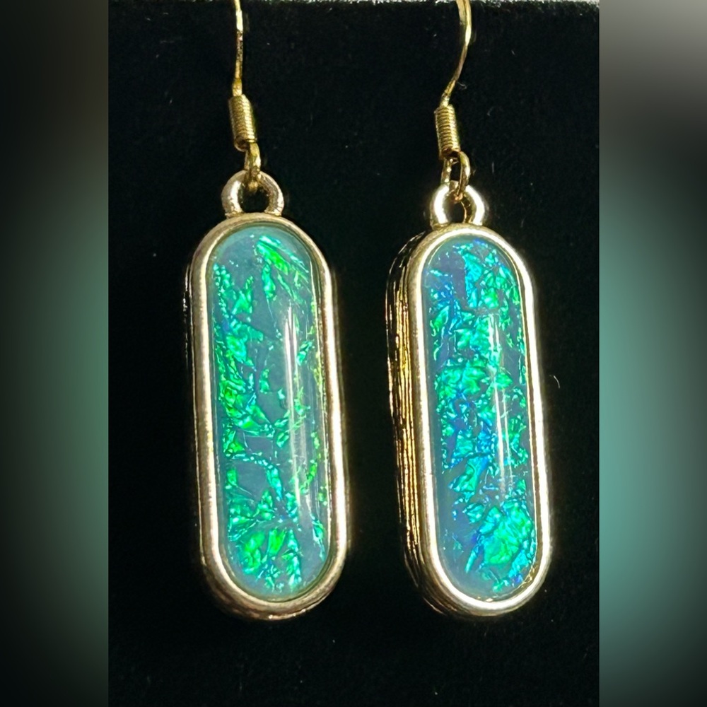 Handmade Gold Green & Blue Opal Style Dangle Earrings Brand New